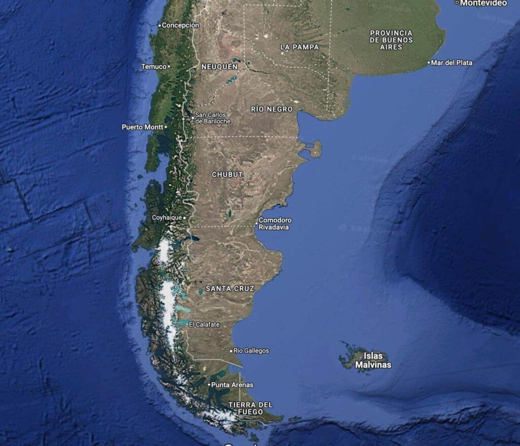 Map showing where Patagonia is located with geographic coordinates