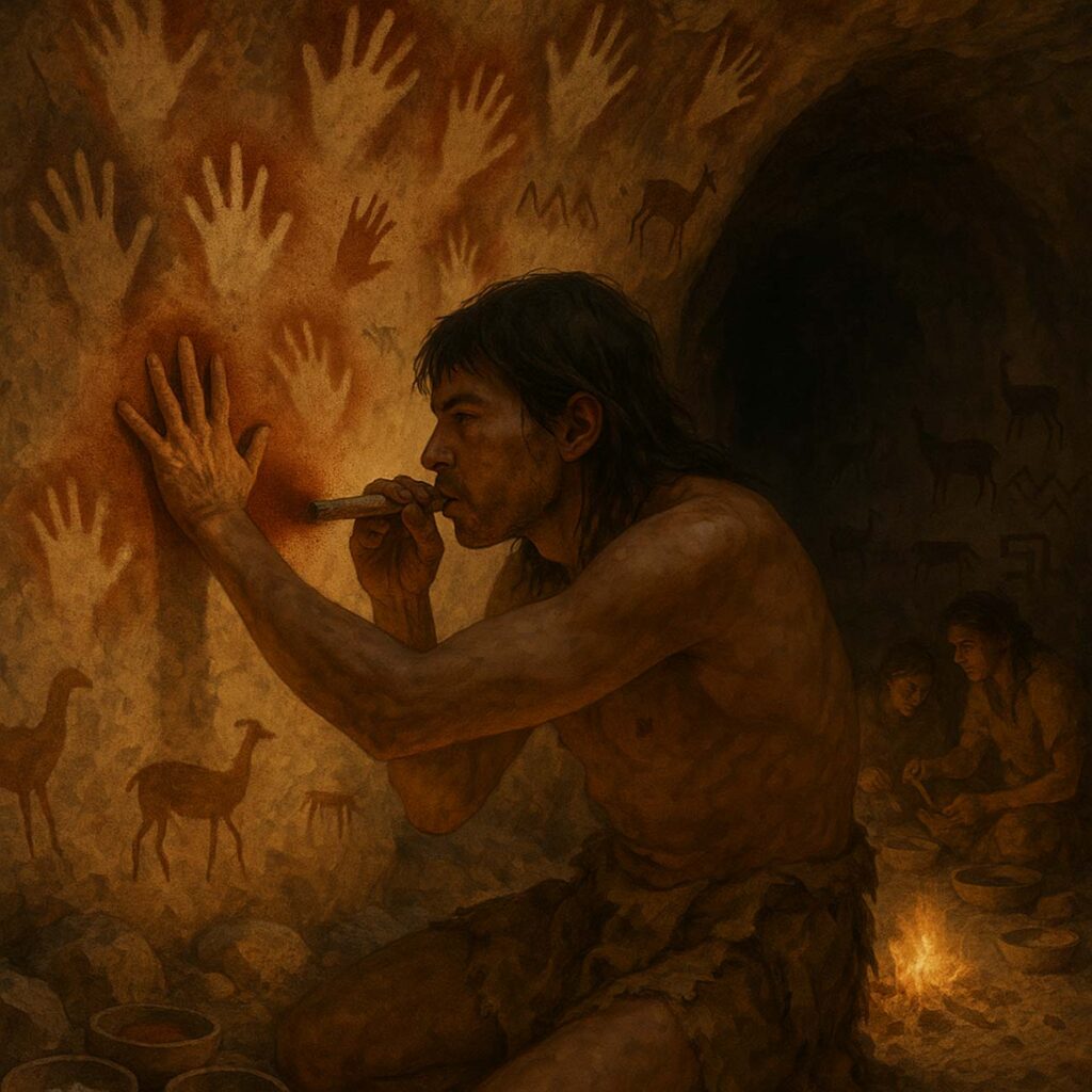 Joven cazador-recolector realizando ritual artístico