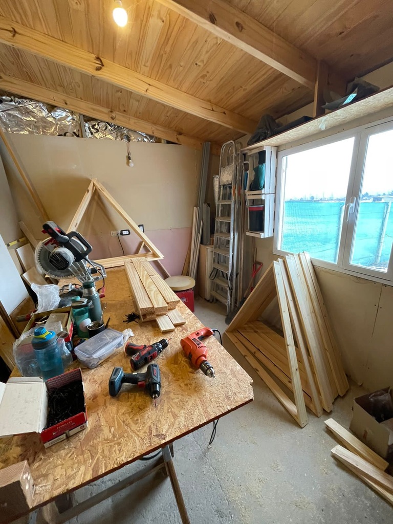 Workspace for cutting wooden strips and assembling geodesic dome triangles