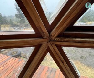 Nodo central del domo geodésico con deterioro progresivo de la madera por filtraciones