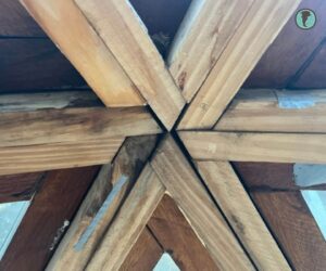 Deterioro de la madera en nodo del domo geodésico por ingreso de agua en zona de ventana